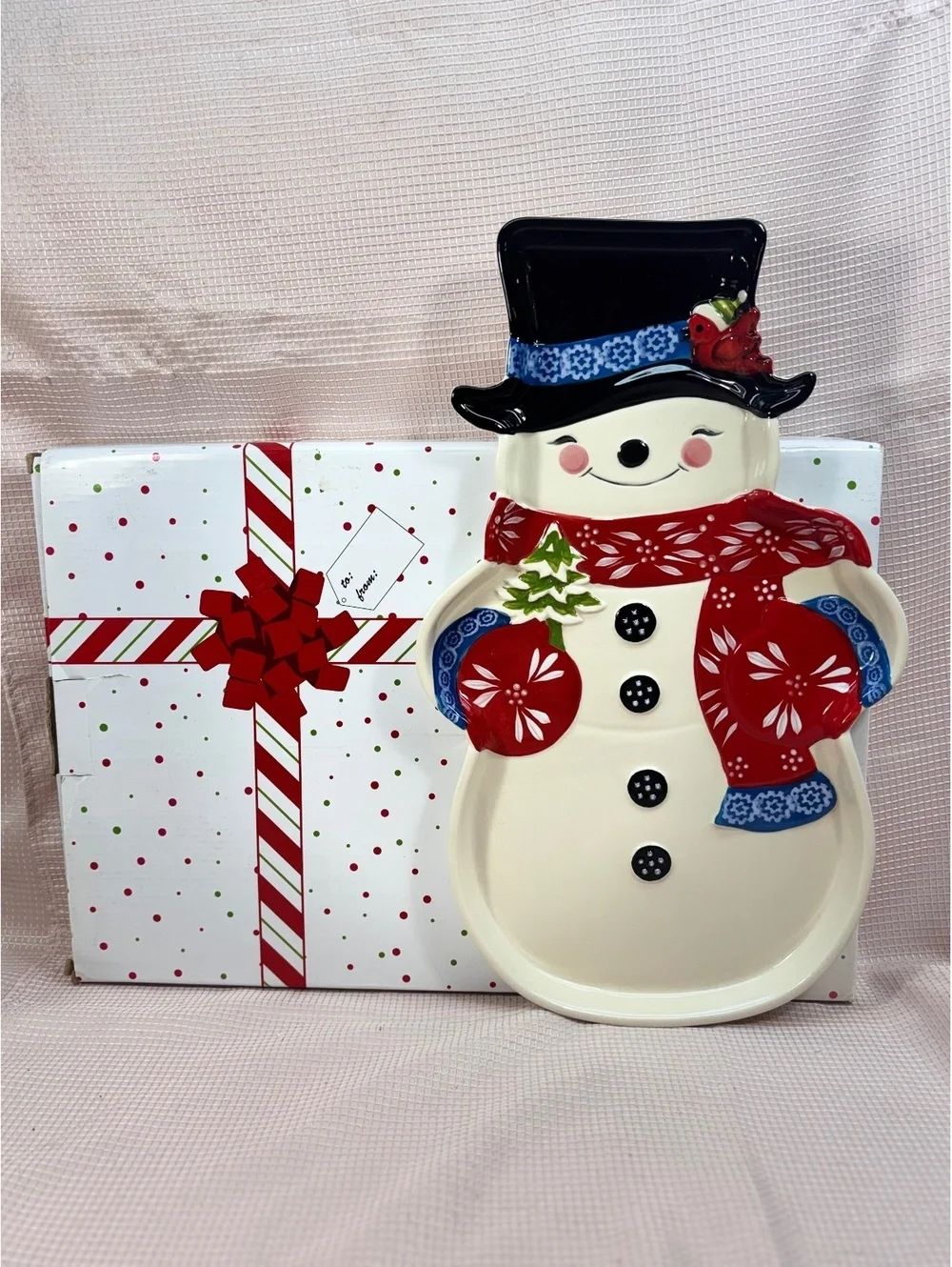 Temp-tations ceramic snowman serving platter featuring a cheerful snowman